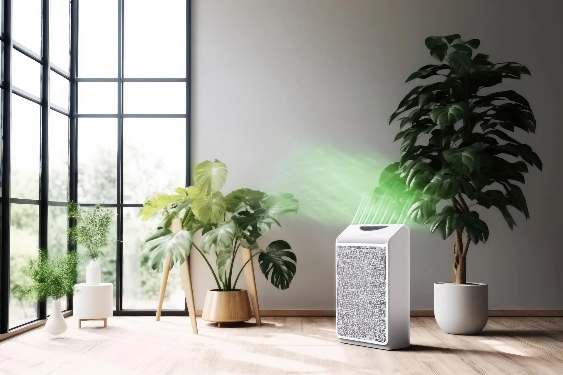 Modern home living room with an air purifier improving indoor air quality.