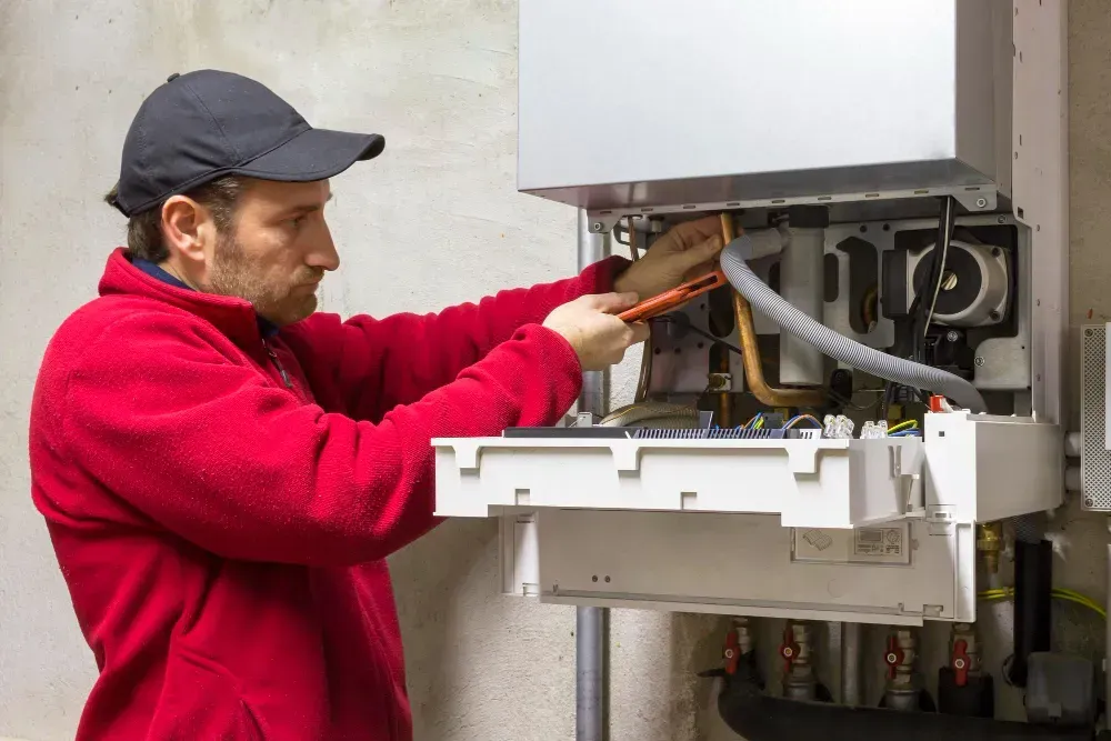 Man in red sweater repairs a furnace, using tools. Indoors, near pipes and electrical components.